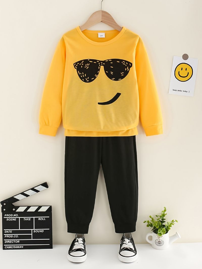 Bebis Pojkar Pullover Tecknat Tryck Långärmad T-shirt Och Byxor Med Rund Hals Barnkläder