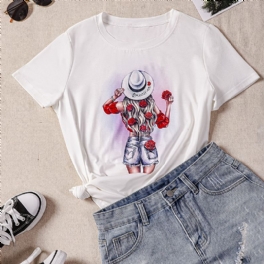 Blomma Och Flickor Med Grafiskt Tryck Massiv T-shirt Med Rund Hals Kortärmad Avslappnad Topp För Vår Och Sommar Damkläder