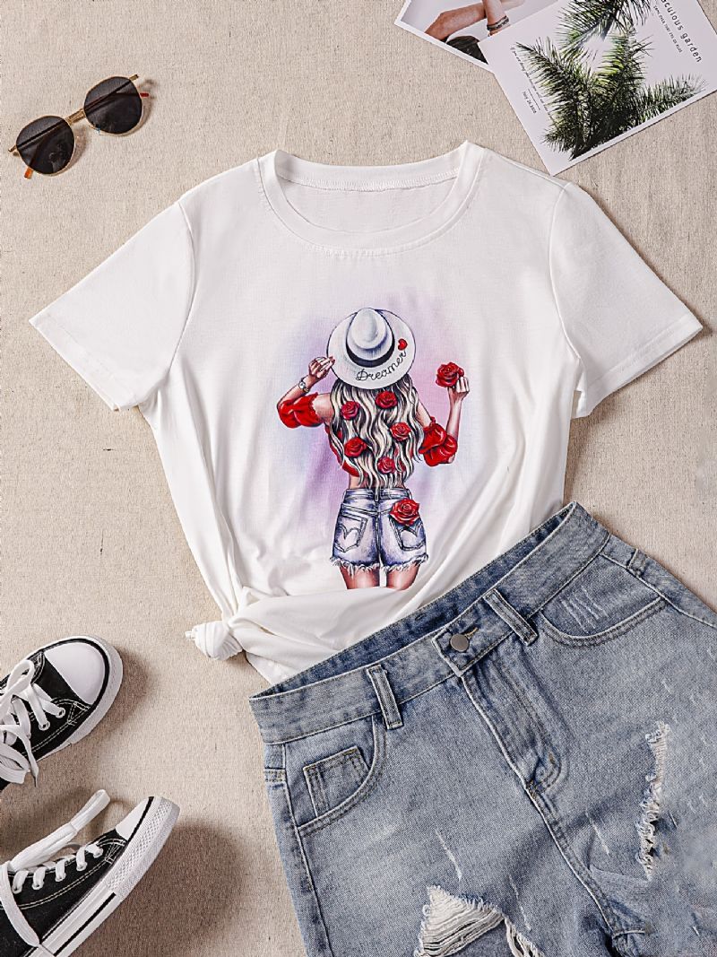 Blomma Och Flickor Med Grafiskt Tryck Massiv T-shirt Med Rund Hals Kortärmad Avslappnad Topp För Vår Och Sommar Damkläder