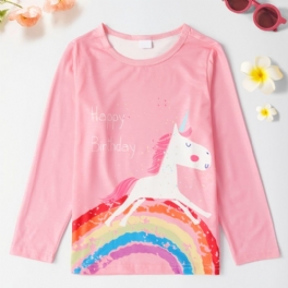 Enhörningstryck För Flickor Med Rund Hals Långärmad T-shirt Vår Höst