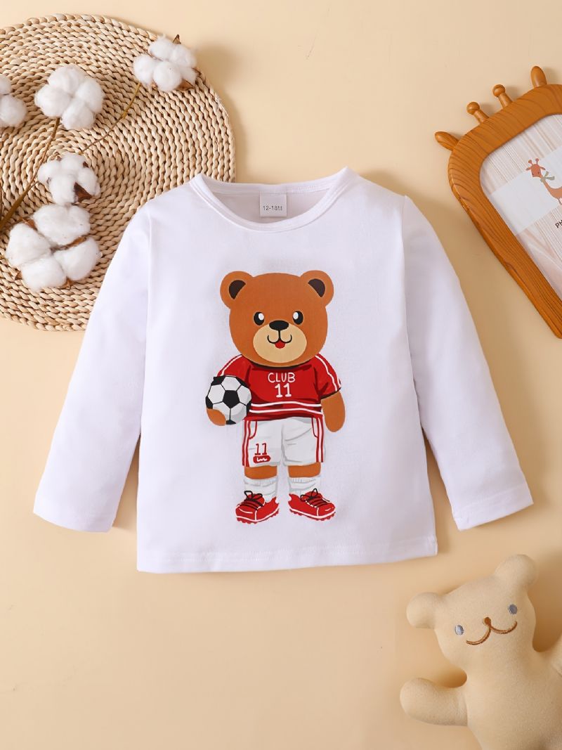 Flickor Casual Enkel Björn Med Fotboll Fotbollstryck Långärmad T-shirt För Vinter Barnkläder