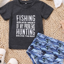 Flickor Causal Fishing Print T-shirt & Fish Shorts & Bow Head Tie Rope