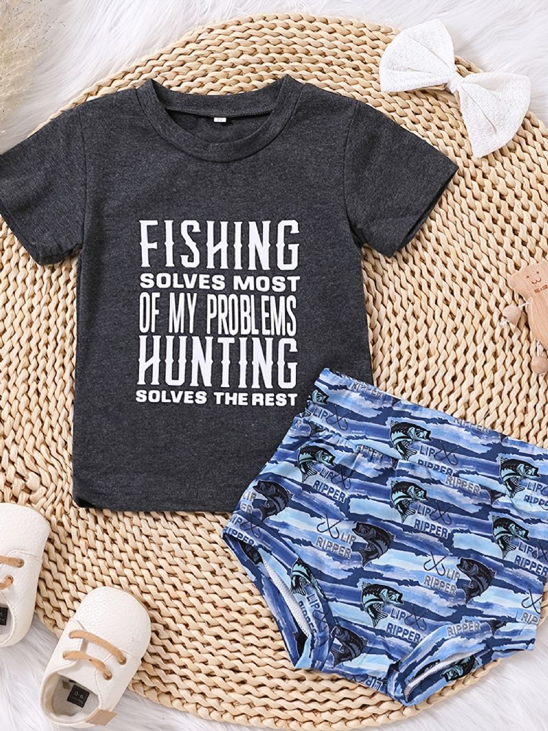 Flickor Causal Fishing Print T-shirt & Fish Shorts & Bow Head Tie Rope