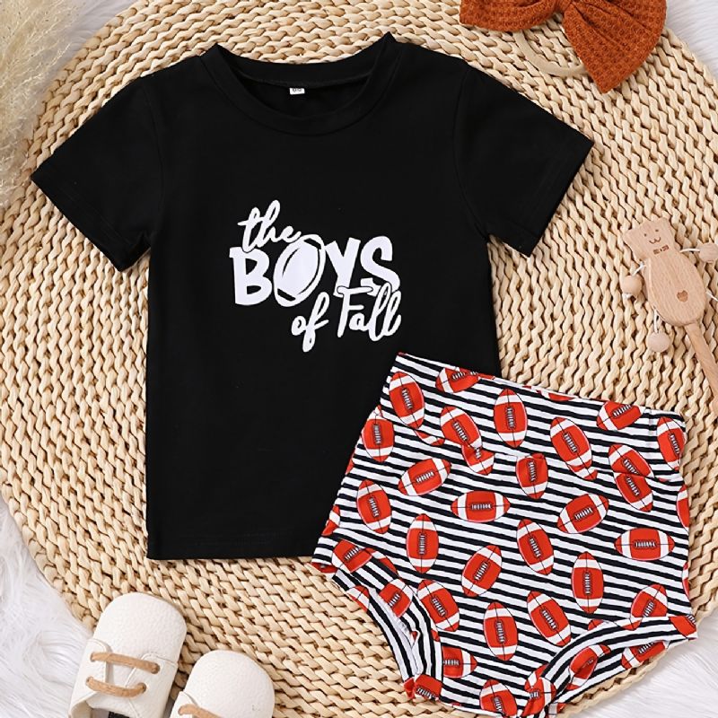 Flickor Causal Letter Print T-shirt & Fotboll Shorts & Stickad Rosett Hår Knytrep