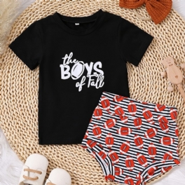 Flickor Causal Letter Print T-shirt & Fotboll Shorts & Stickad Rosett Hår Knytrep