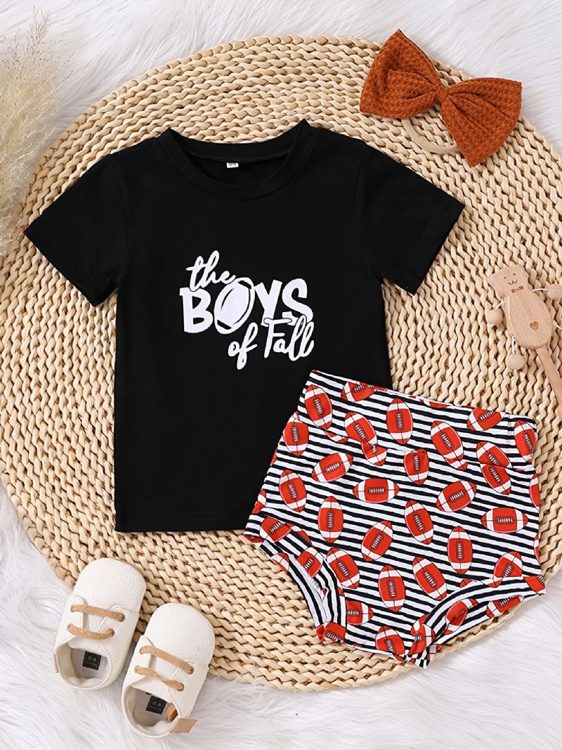 Flickor Causal Letter Print T-shirt & Fotboll Shorts & Stickad Rosett Hår Knytrep