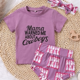 Flickor Causal Söt Cowboy Print T-shirt & Letter Shorts & Bow Pannband