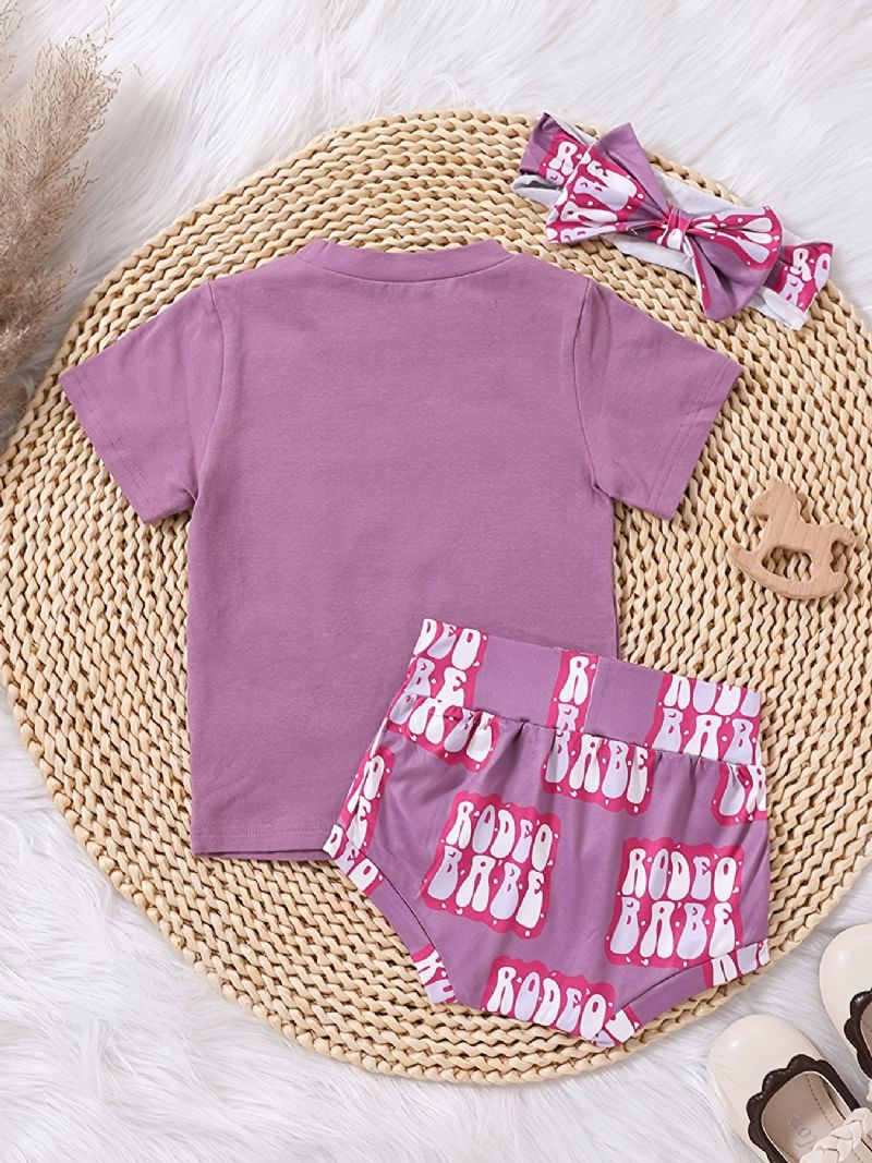 Flickor Causal Söt Cowboy Print T-shirt & Letter Shorts & Bow Pannband