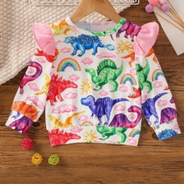 Flickor Långärmad Topp Med Volanger Dinosaurietryck Barnkläder