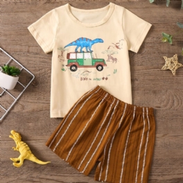 Pojkar Casual Pyjamas Set Med Cartoon Bil Dinosaur Print T-shirt & Randiga Shorts För Hemmet