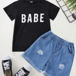 Pojkar Casual Söt Set Med Babe Print Pullover T-shirt & Vintage Ripped Denim Shorts