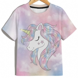 T-shirt Med Rund Hals För Flickor Casual Unicorn Mönster Tee Barnkläder