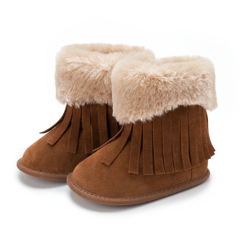 Bebis Flickor Fleece Booties Fringe Design High Top Skor First Walker Spjälsäng För Vintern