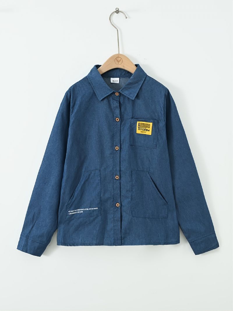 Barn Pojkar Shirt Långärmad Button Down Pocket Denim Blus