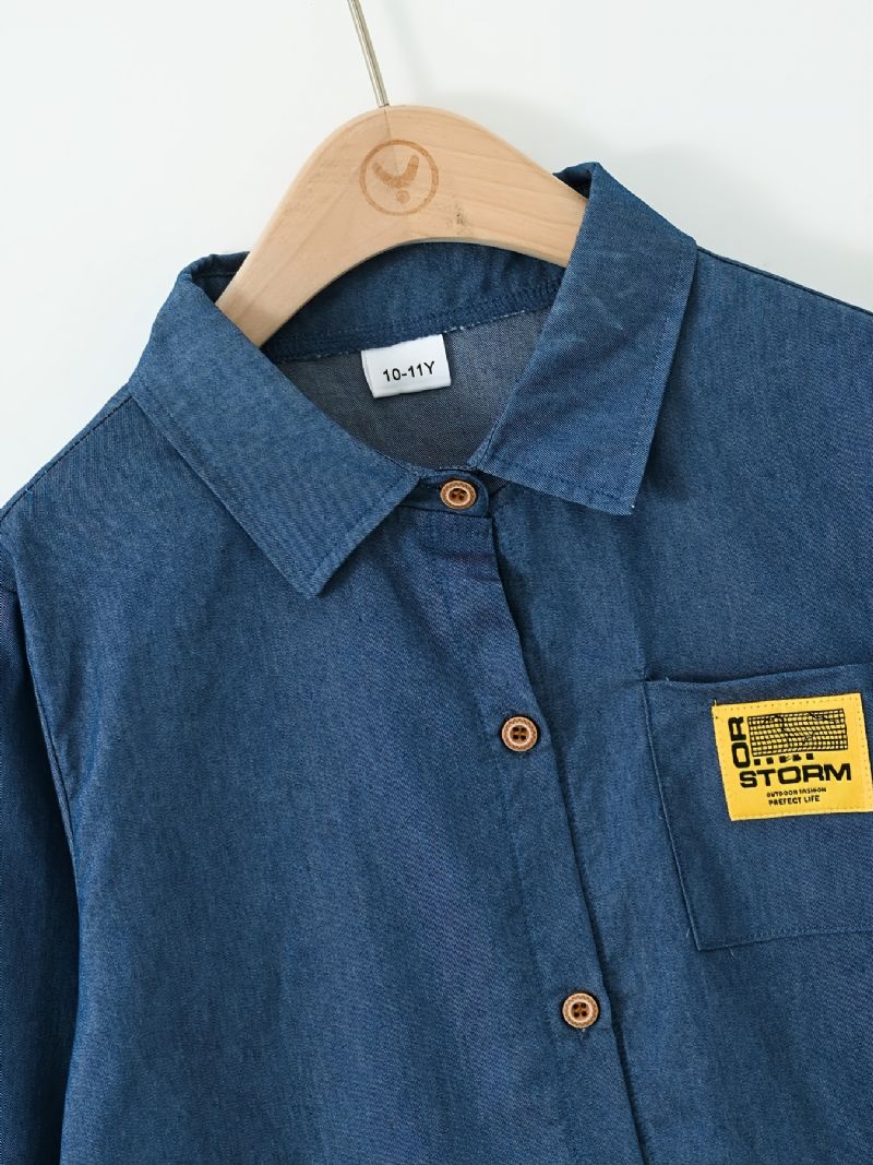 Barn Pojkar Shirt Långärmad Button Down Pocket Denim Blus