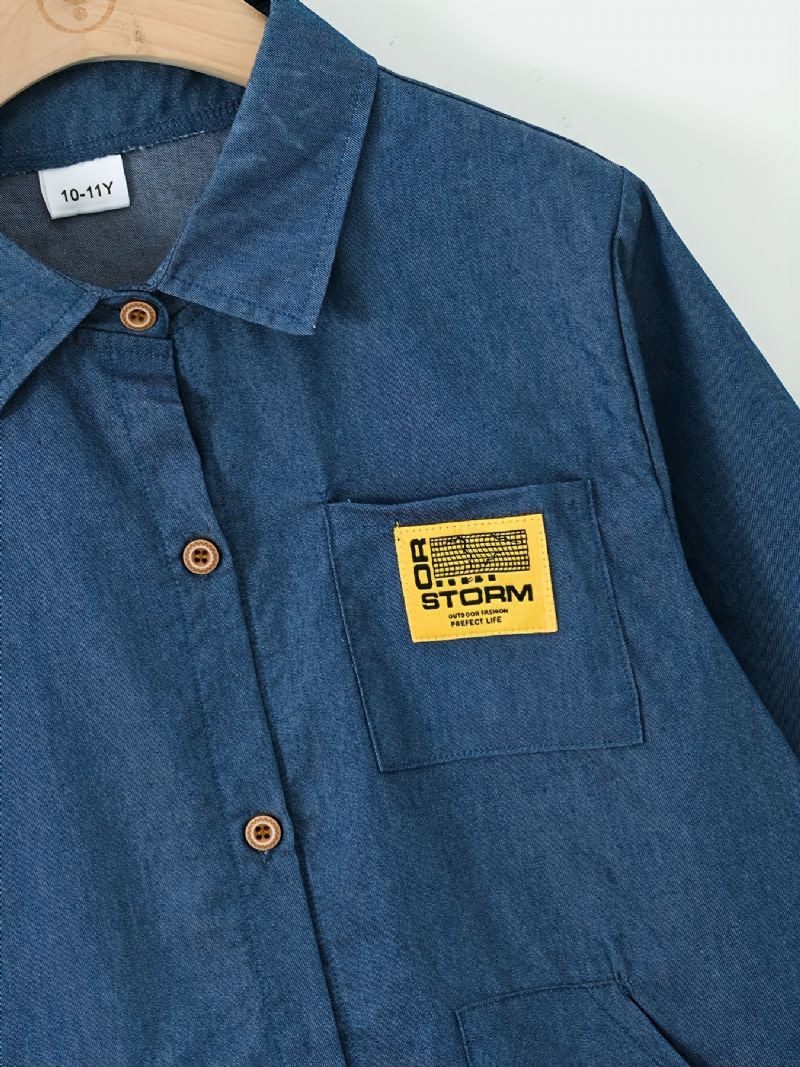 Barn Pojkar Shirt Långärmad Button Down Pocket Denim Blus