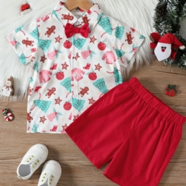 Kortärmade Pojkskjortor Med Julserietryck + Matchande Solida Shorts Barnkläder