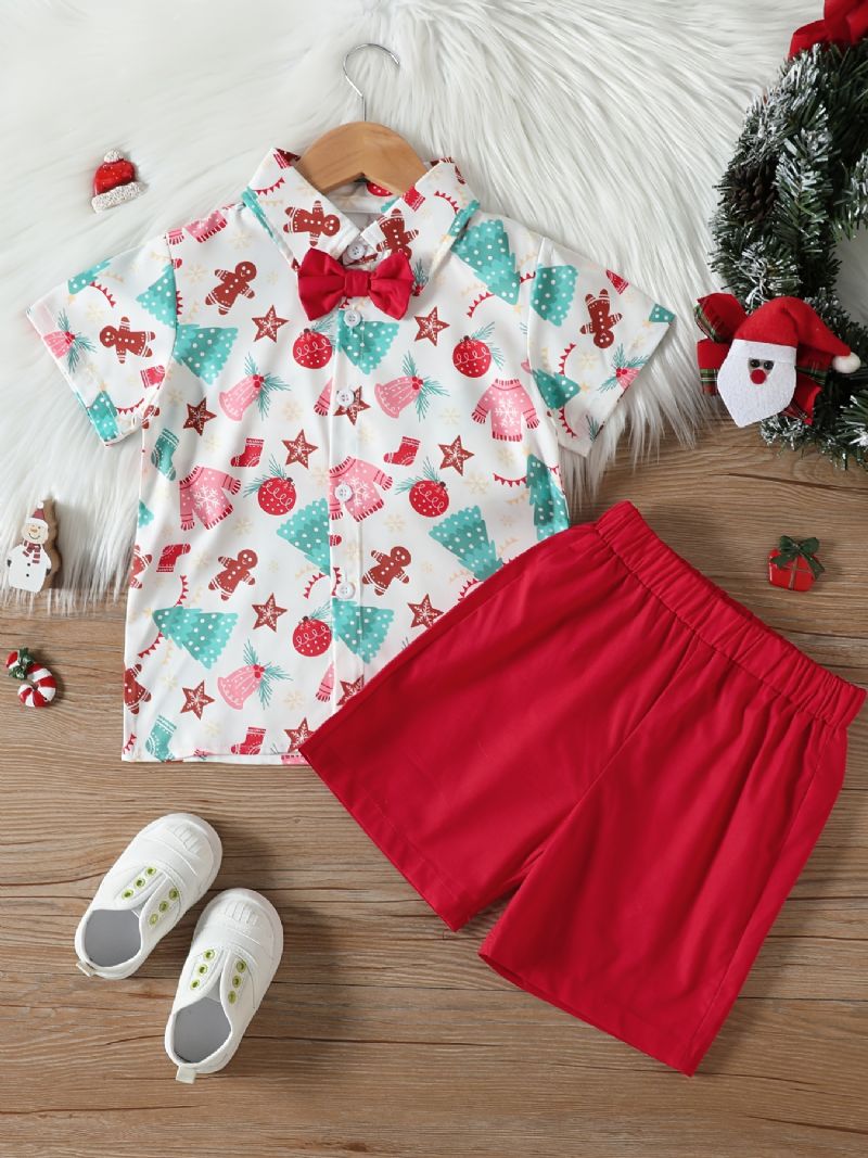 Kortärmade Pojkskjortor Med Julserietryck + Matchande Solida Shorts Barnkläder