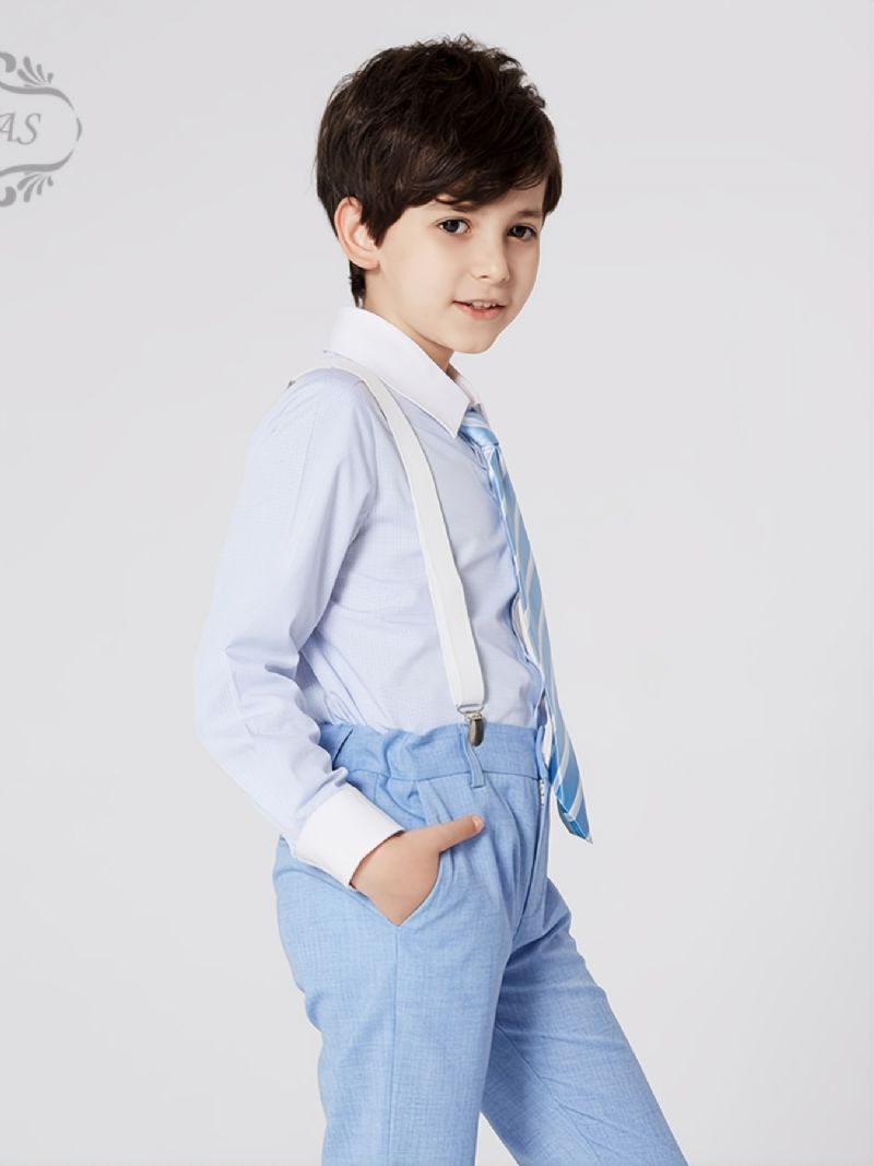 Pojkar Enkel Formell Sömnad Randig Skjorta Långärmad Lapel Button Down Toppar För Fest Cerulean