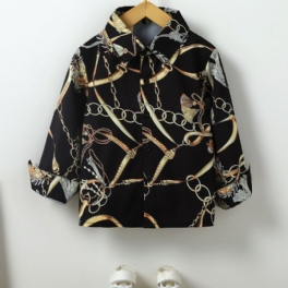 Pojkar Mode Guldkedja Print Button Down Skjorta Långärmad Top Blus