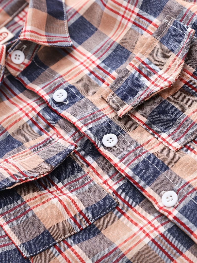Pojkar Rutig Pocket Lapel Långärmad Button Down Shirt Kläder