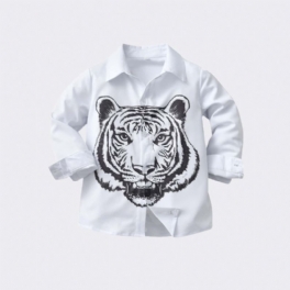 Pojkar Vit Tigertryck Långärmad Lapelskjorta