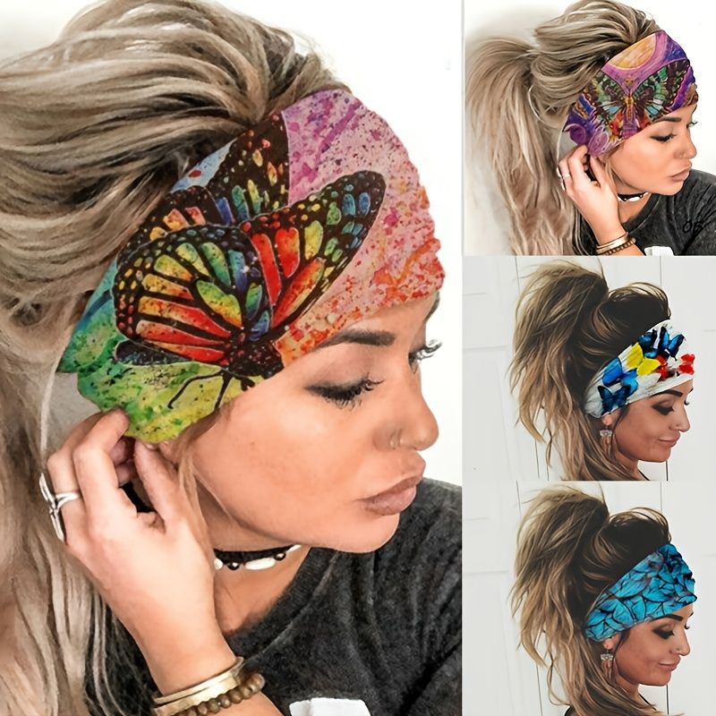 Bred Boho Pannband Huvudband Sjalar Fjäril Stretch Hårband Bandana Yoga Löpning Atletisk Turban Huvudsjalar Håraccessoarer För Kvinnor Flickor