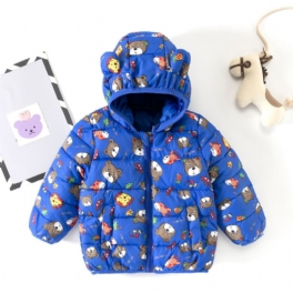 Bebis Bear Ears Huvjacka Långärmad Print Blixtlås Plyschrock För Flickor Pojkar Barnkläder