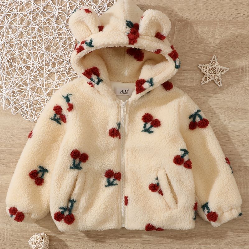 Bebis Flickor Polar Fleece Bear Ears Jacka Cherry Zipper Plysch Varm Huva Kappa Barnkläder