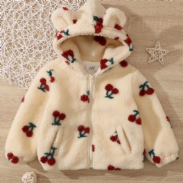 Bebis Flickor Polar Fleece Bear Ears Jacka Cherry Zipper Plysch Varm Huva Kappa Barnkläder