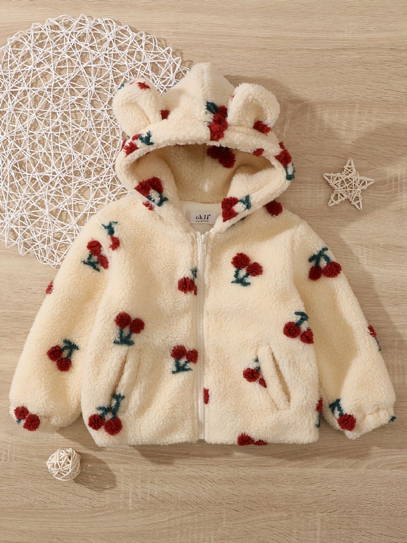 Bebis Flickor Polar Fleece Bear Ears Jacka Cherry Zipper Plysch Varm Huva Kappa Barnkläder