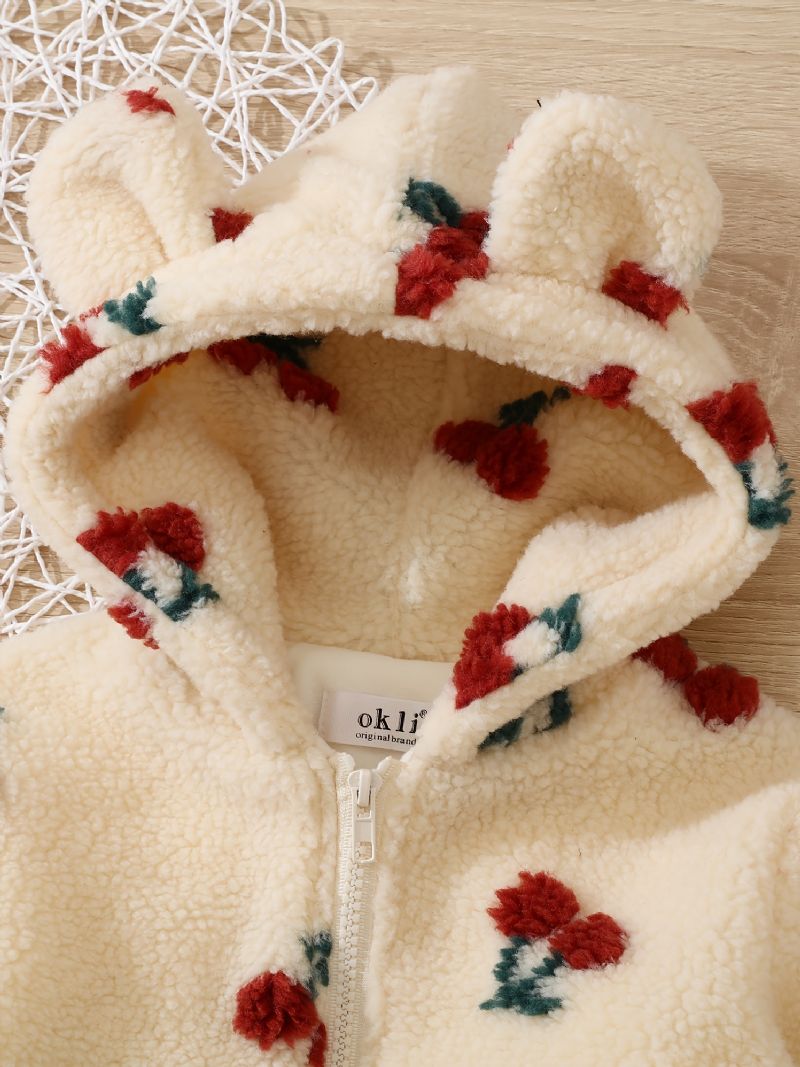 Bebis Flickor Polar Fleece Bear Ears Jacka Cherry Zipper Plysch Varm Huva Kappa Barnkläder