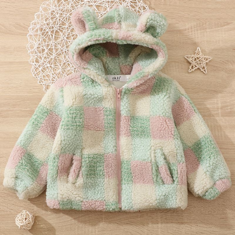 Bebis Flickor Polar Fleece Bear Ears Jacka Rutig Dragkedja Plysch Varm Huva Kappa Barnkläder