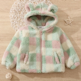 Bebis Flickor Polar Fleece Bear Ears Jacka Rutig Dragkedja Plysch Varm Huva Kappa Barnkläder