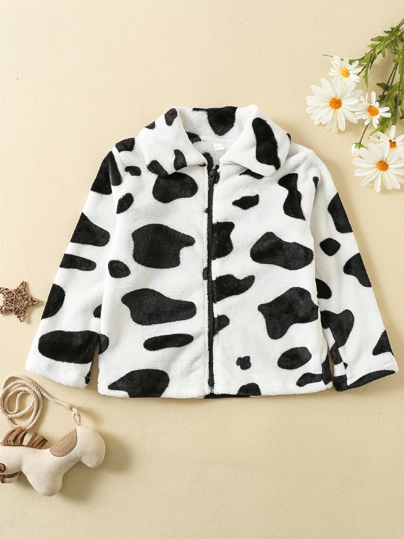 Flickor Cow Print Flanell Zipper Kappa Jacka Varma Barnkläder För Vintern