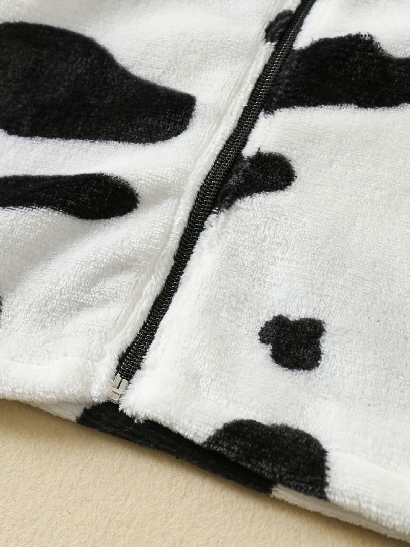 Flickor Cow Print Flanell Zipper Kappa Jacka Varma Barnkläder För Vintern