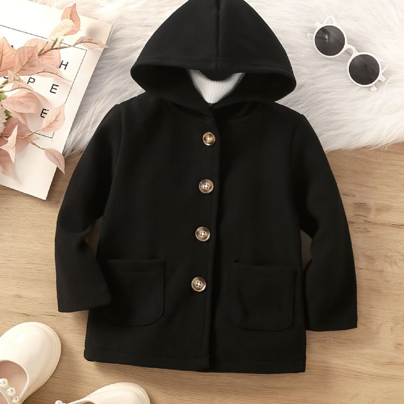 Flickor Enfärgad Hooded Long Kappa Långärmad Button Pocket Jacka Barnkläder