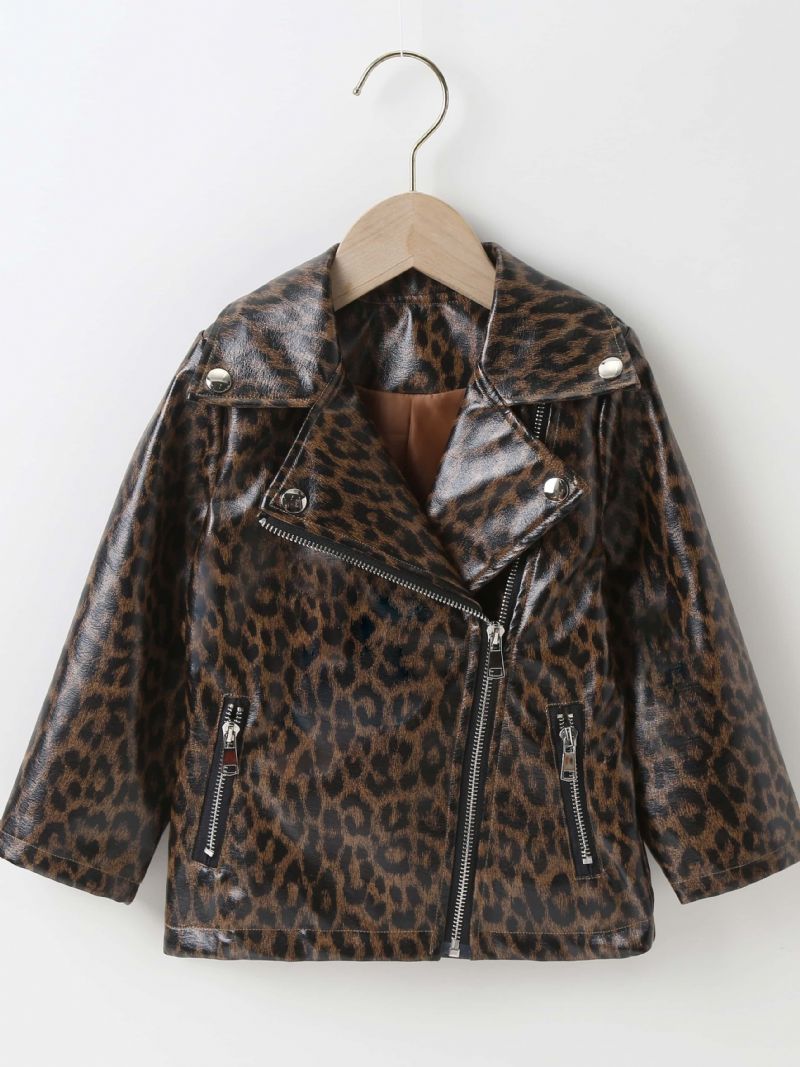 Flickslag Pu-läderjacka Leopard Zipper Kappa Barnkläder