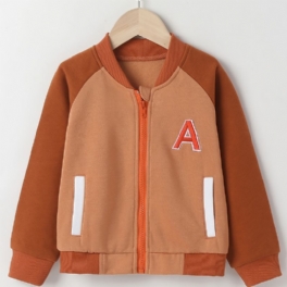 Pojkar Color Block Jacka Brevbroderi Långärmad Dragkedja Fleece Varm Baseballrock Barnkläder