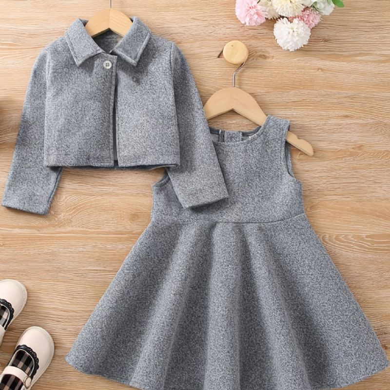 Preppy Style Ärmlös Klänning + Skjortkrage Kort Kappa Set Barnkläder