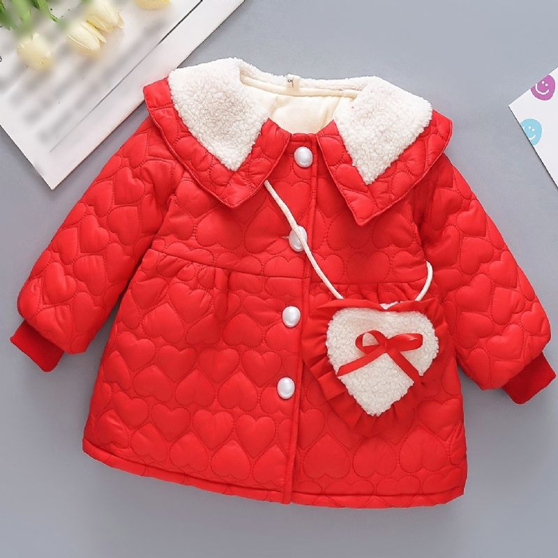 Småbarn Bebis Flickor Fleece Varm Puffer Kappa Heart Print Button Lapel Jacka