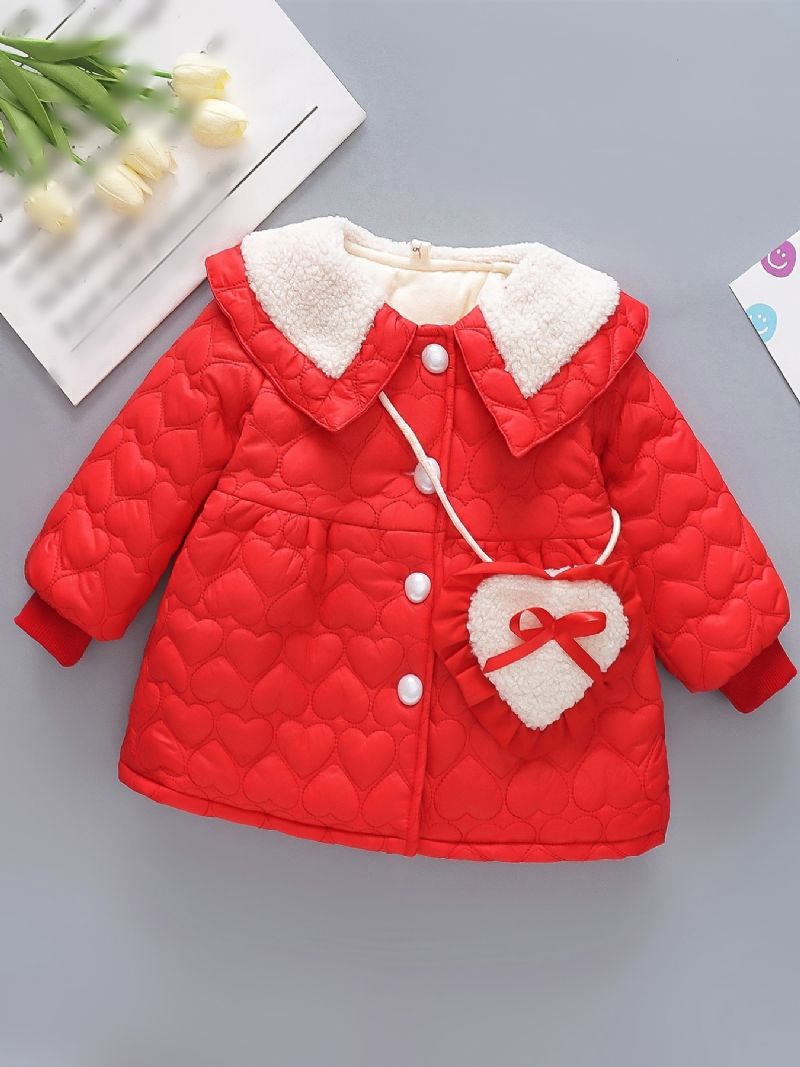 Småbarn Bebis Flickor Fleece Varm Puffer Kappa Heart Print Button Lapel Jacka