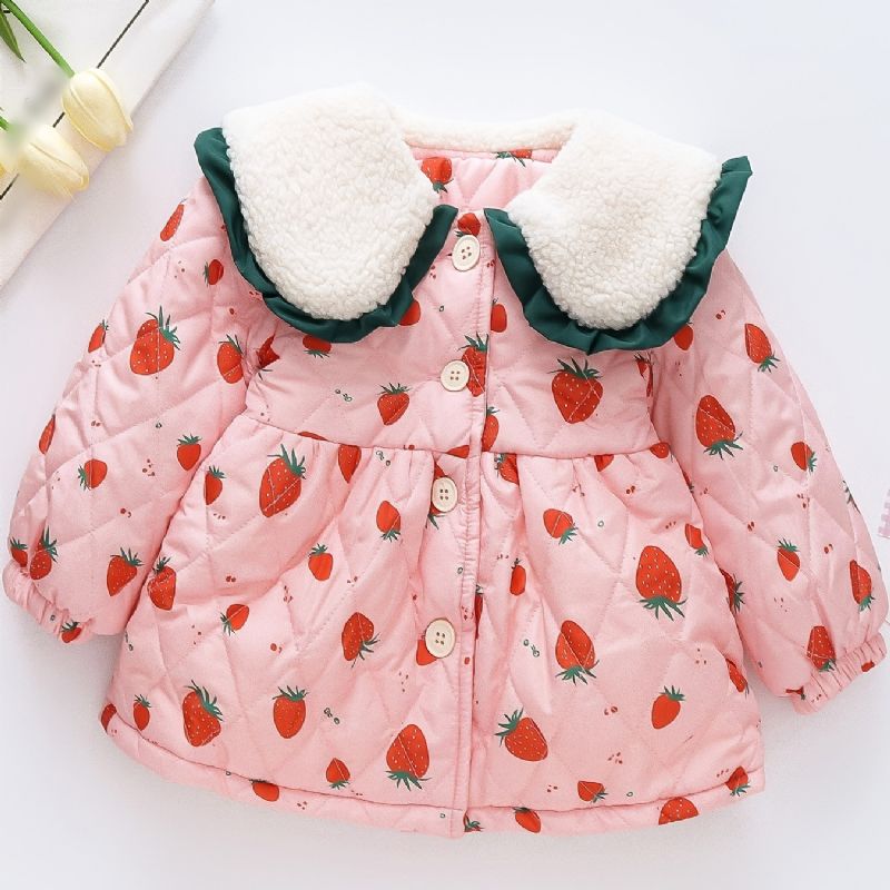 Småbarn Bebis Flickor Fleece Varm Puffer Kappa Strawberry Print Button Lapel Jacka