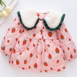 Småbarn Bebis Flickor Fleece Varm Puffer Kappa Strawberry Print Button Lapel Jacka