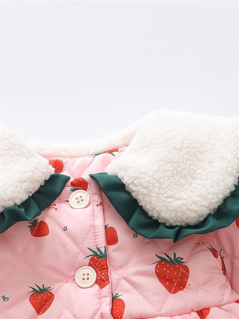 Småbarn Bebis Flickor Fleece Varm Puffer Kappa Strawberry Print Button Lapel Jacka