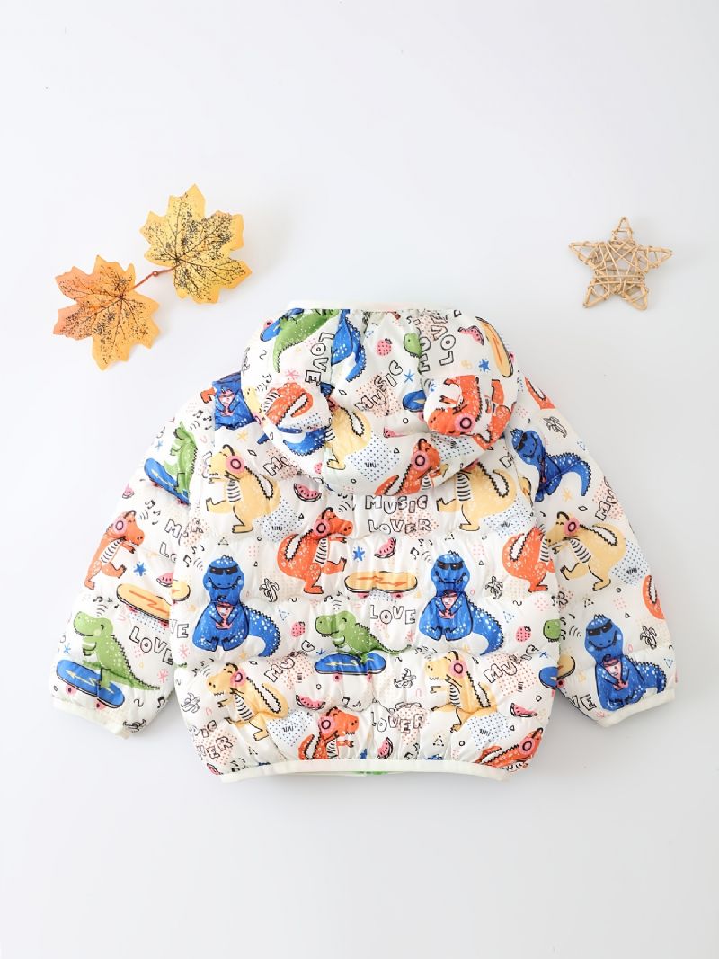 Småbarn Pojkar Flickor Puffer Kappa Dinosaur Cartoon Print Dragkedja Huvjacka