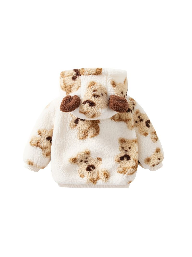 Spädbarn Bear Ears Huvjacka Print Dragkedja Plysch Varm Vinterkappa För Bebis Flickor Barnkläder