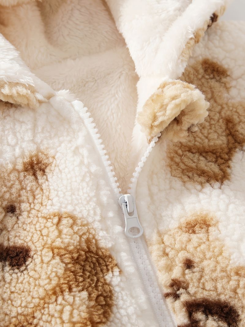 Spädbarn Bear Ears Huvjacka Print Dragkedja Plysch Varm Vinterkappa För Bebis Flickor Barnkläder
