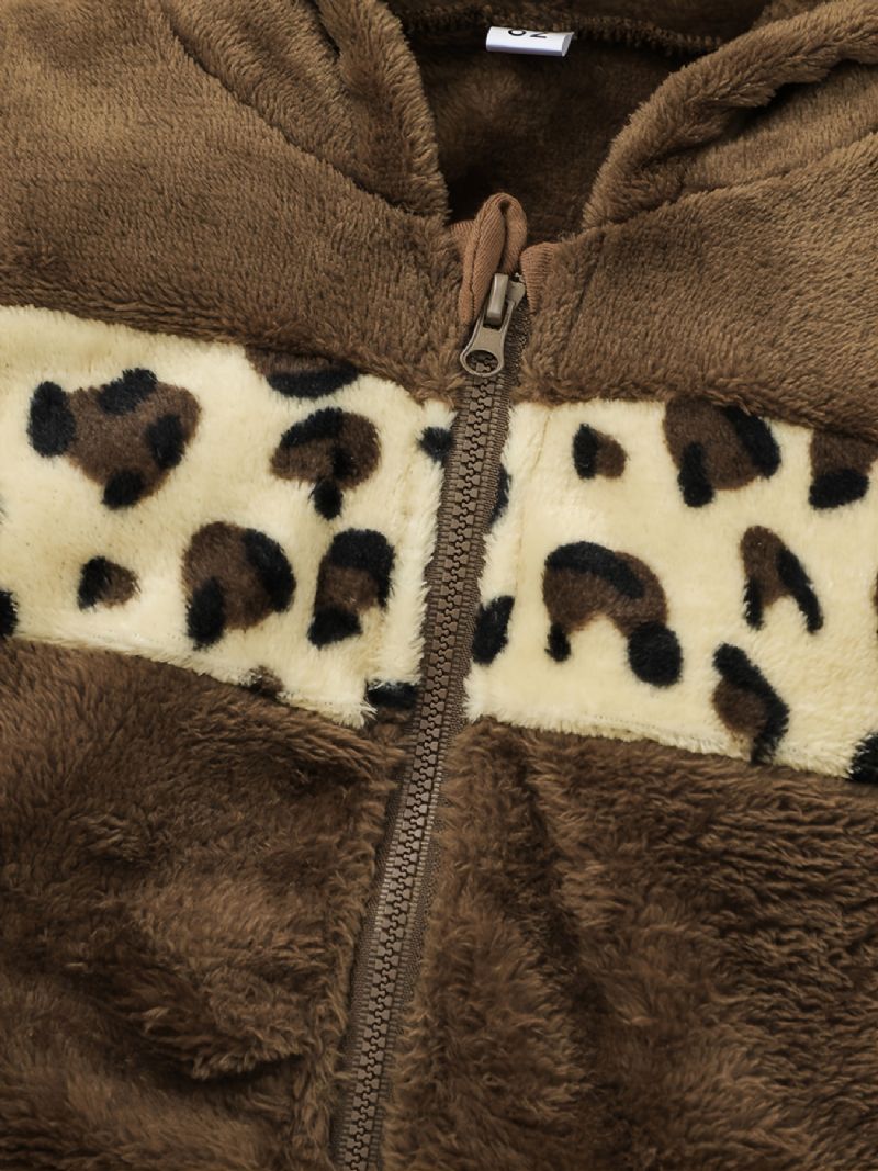 Spädbarns Plysch Leopard-mönstrad Panelad Långärmad Huvakappa