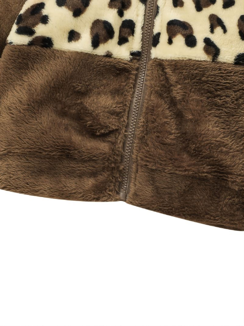 Spädbarns Plysch Leopard-mönstrad Panelad Långärmad Huvakappa